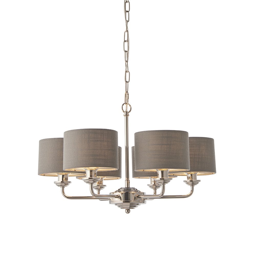 Highclere Classic 6 Light Ceiling Pendant In Bright Nickel And Charcoal Shade 94381