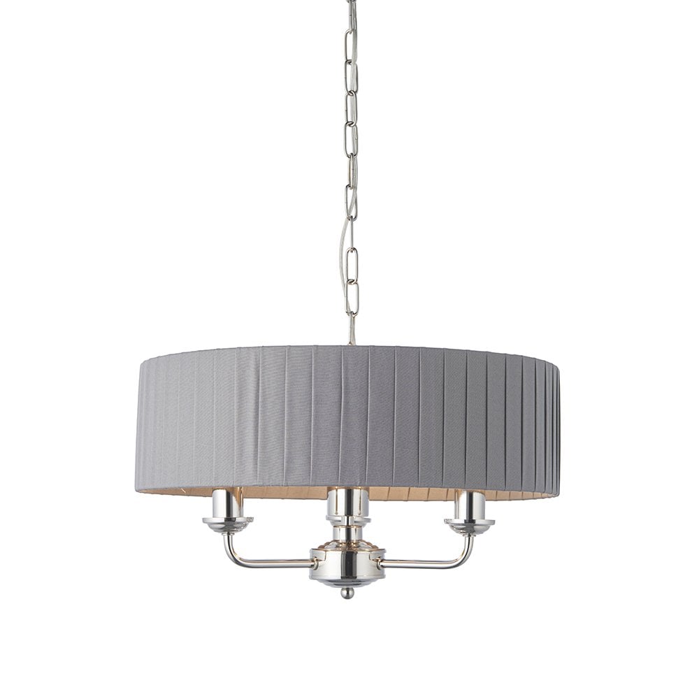 Highclere Classic 3 Light Ceiling Pendant In Bright Nickel And Charcoal Silk Shade 94394