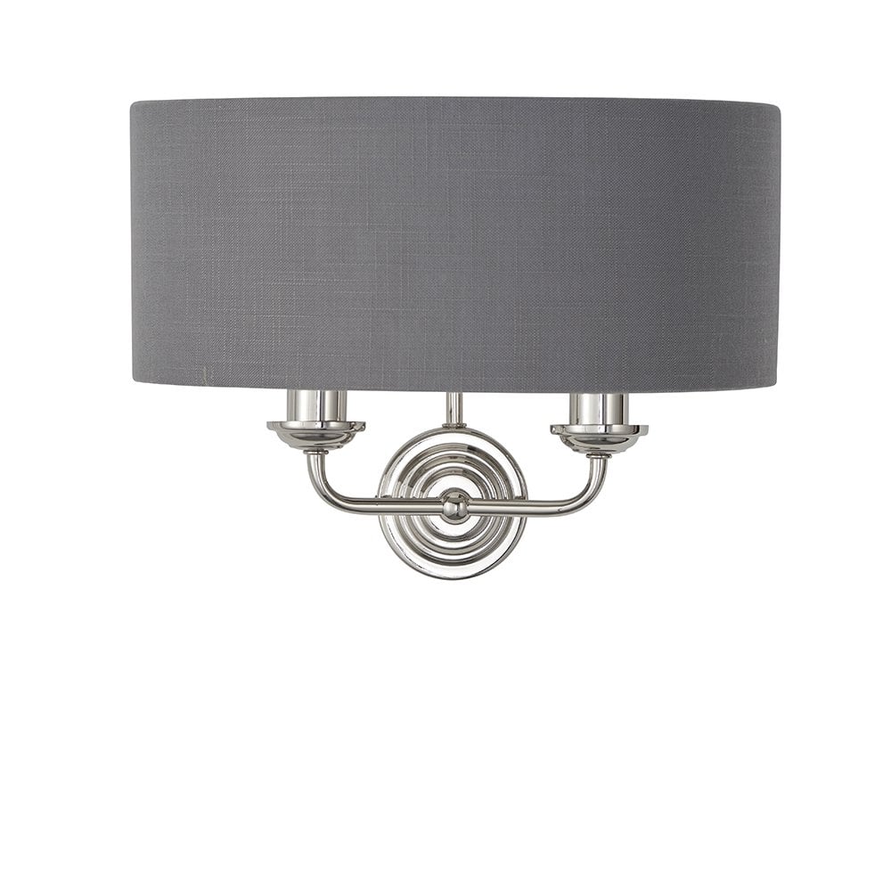 Highclere Traditional Twin Wall Light In Bright Nickel With Charcoal Shade 94406