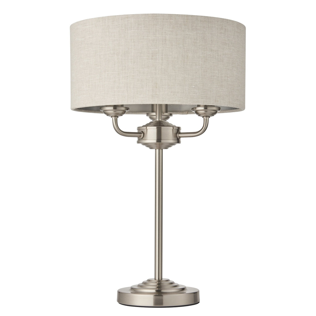 Highclere Traditional 3 Light Table Lamp In Brushed Chrome With Natural Shade 94369