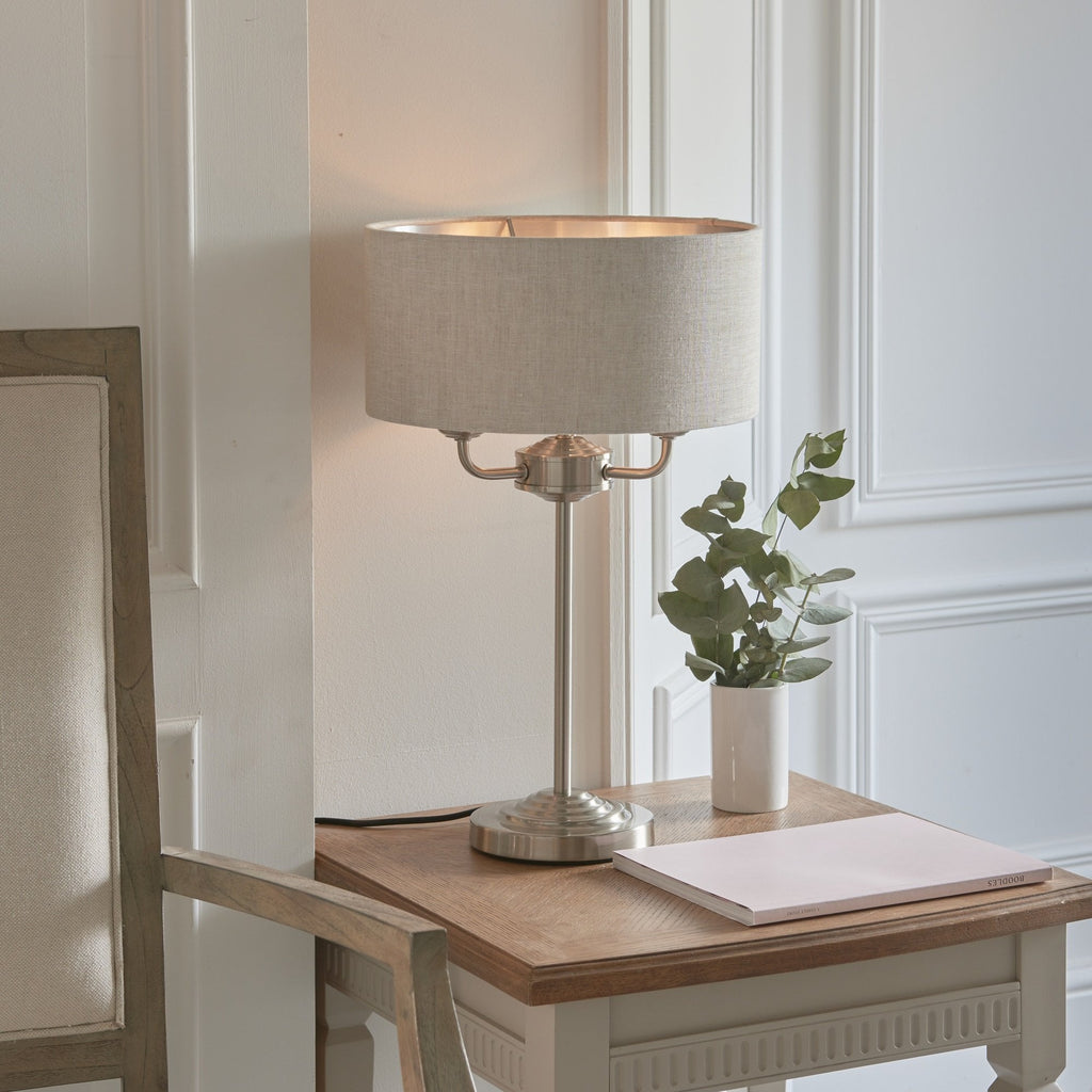 Highclere Traditional 3 Light Table Lamp In Brushed Chrome With Natural Shade 94369