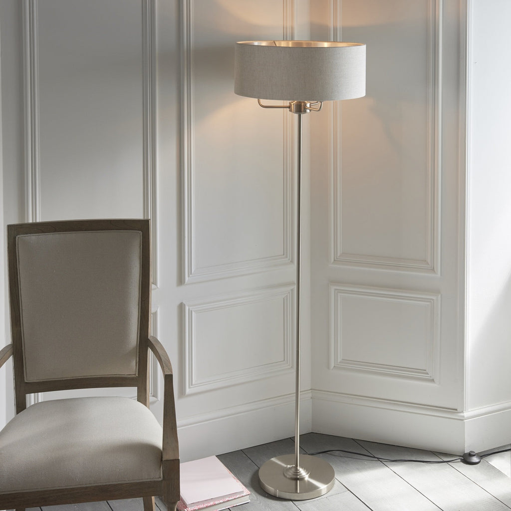 Highclere Classic 3 Light Floor Lamp In Brushed Chrome With Natural Shade 94359