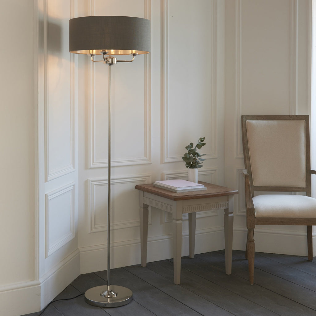 Highclere Classic 3 Light Floor Lamp In Bright Nickel With Charcoal Shade 94378
