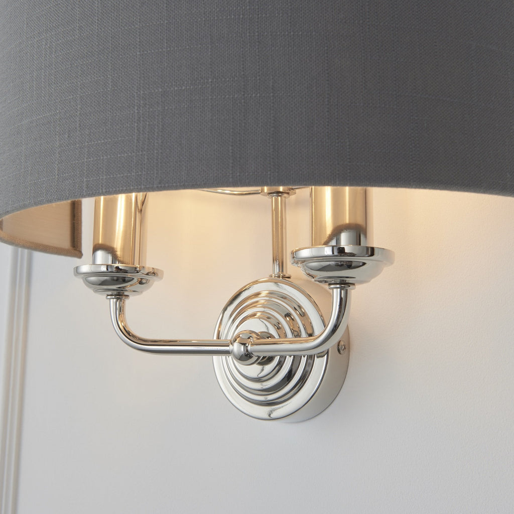 Highclere Traditional Twin Wall Light In Bright Nickel With Charcoal Shade 94406