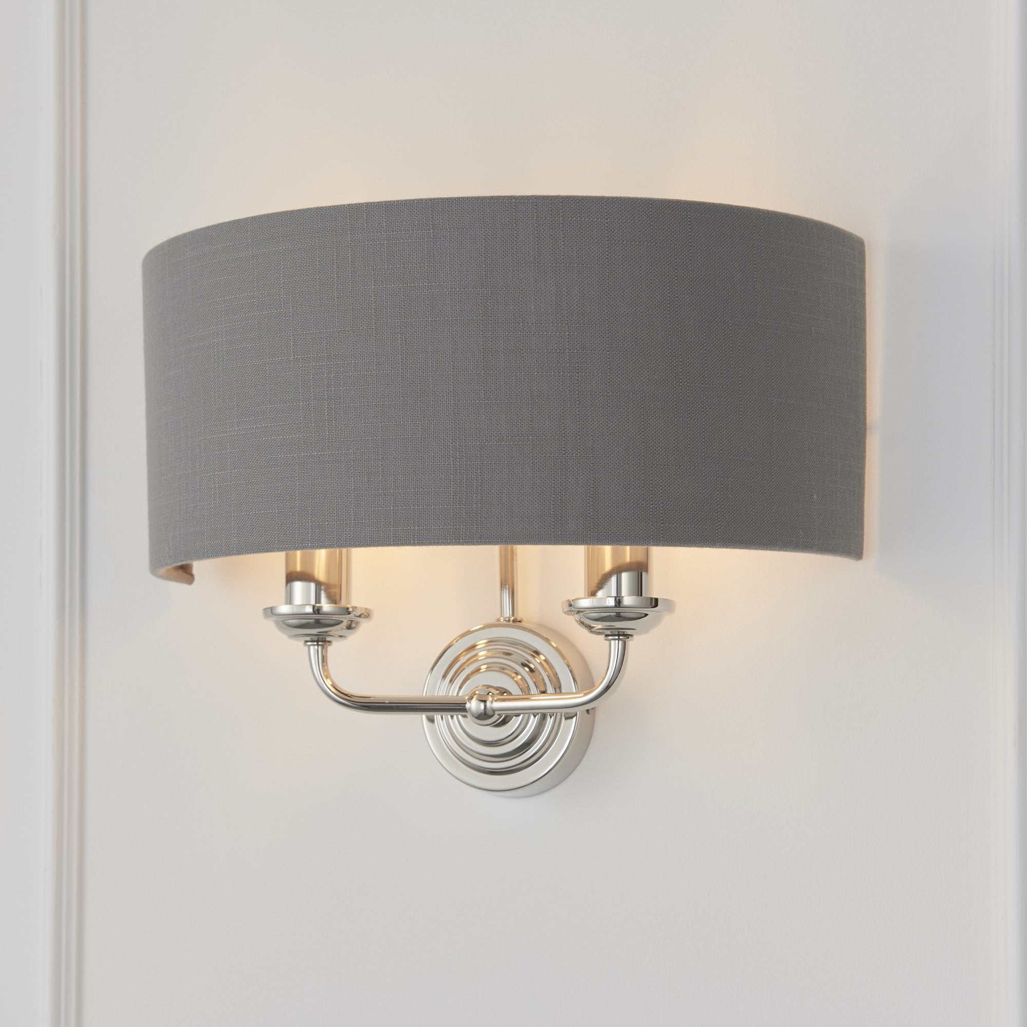 Highclere Traditional Twin Wall Light In Bright Nickel With Charcoal Shade 94406