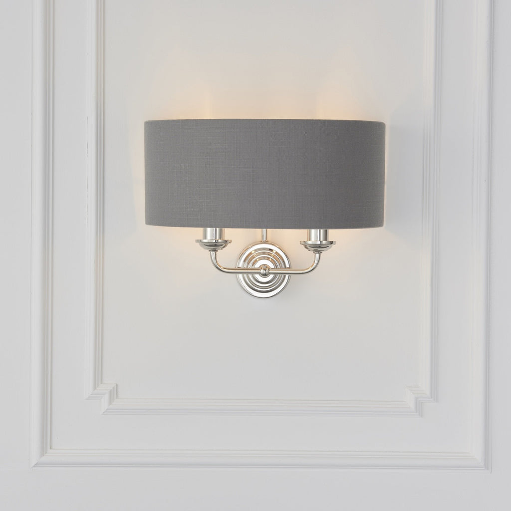 Highclere Traditional Twin Wall Light In Bright Nickel With Charcoal Shade 94406