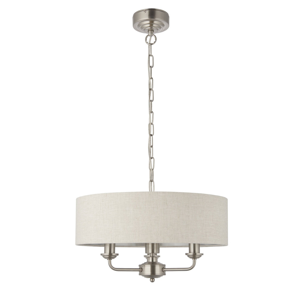 Highclere Classic 3 Light Ceiling Pendant In Brushed Chrome With Natural Shade 94361
