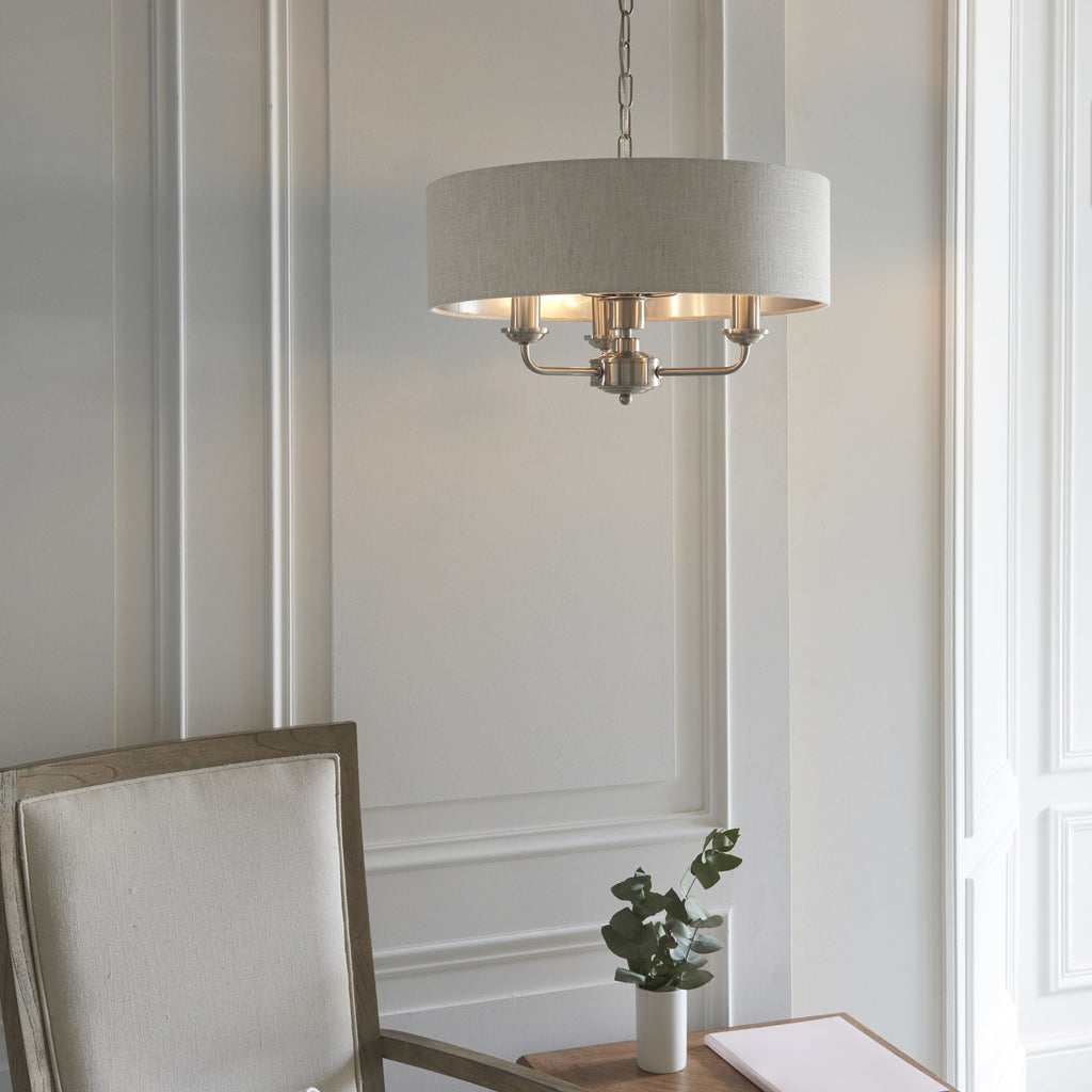 Highclere Classic 3 Light Ceiling Pendant In Brushed Chrome With Natural Shade 94361