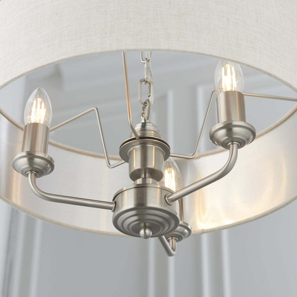 Highclere Classic 3 Light Ceiling Pendant In Brushed Chrome With Natural Shade 94361
