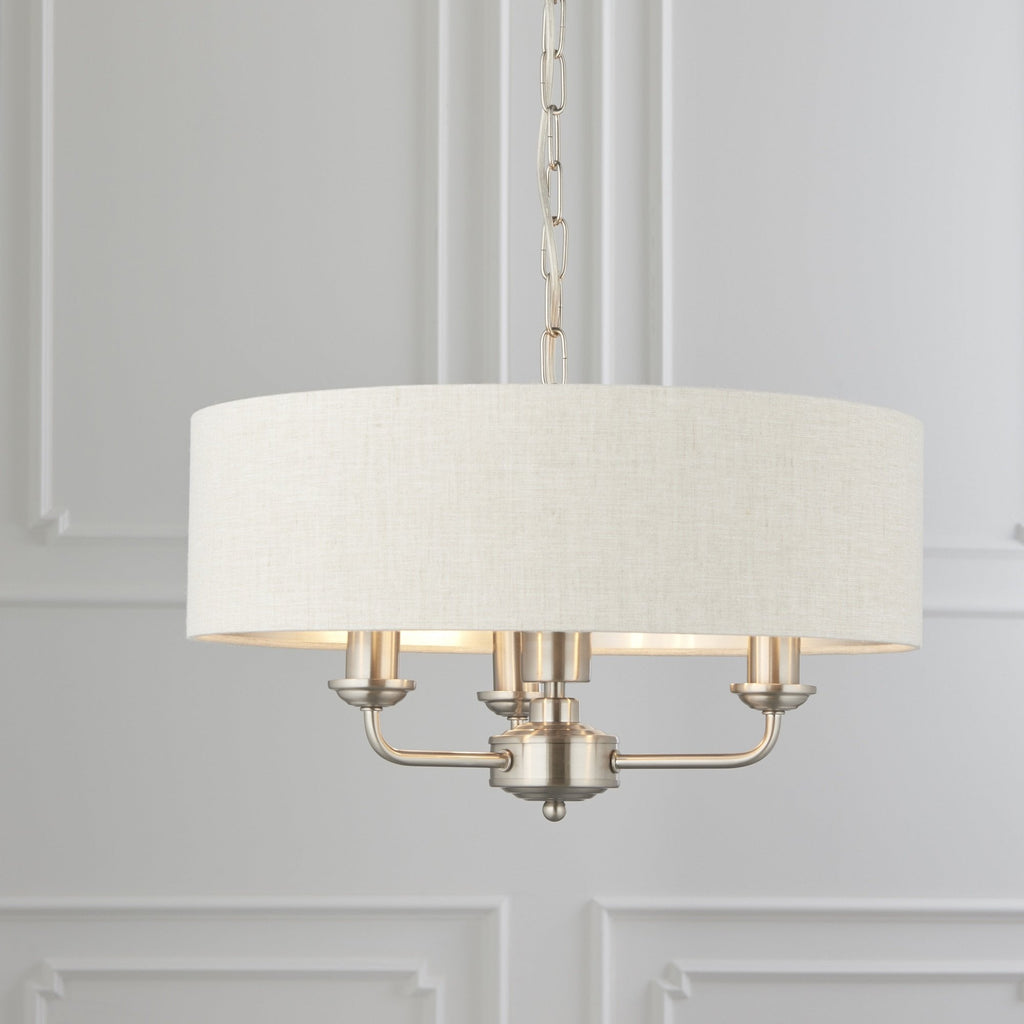 Highclere Classic 3 Light Ceiling Pendant In Brushed Chrome With Natural Shade 94361