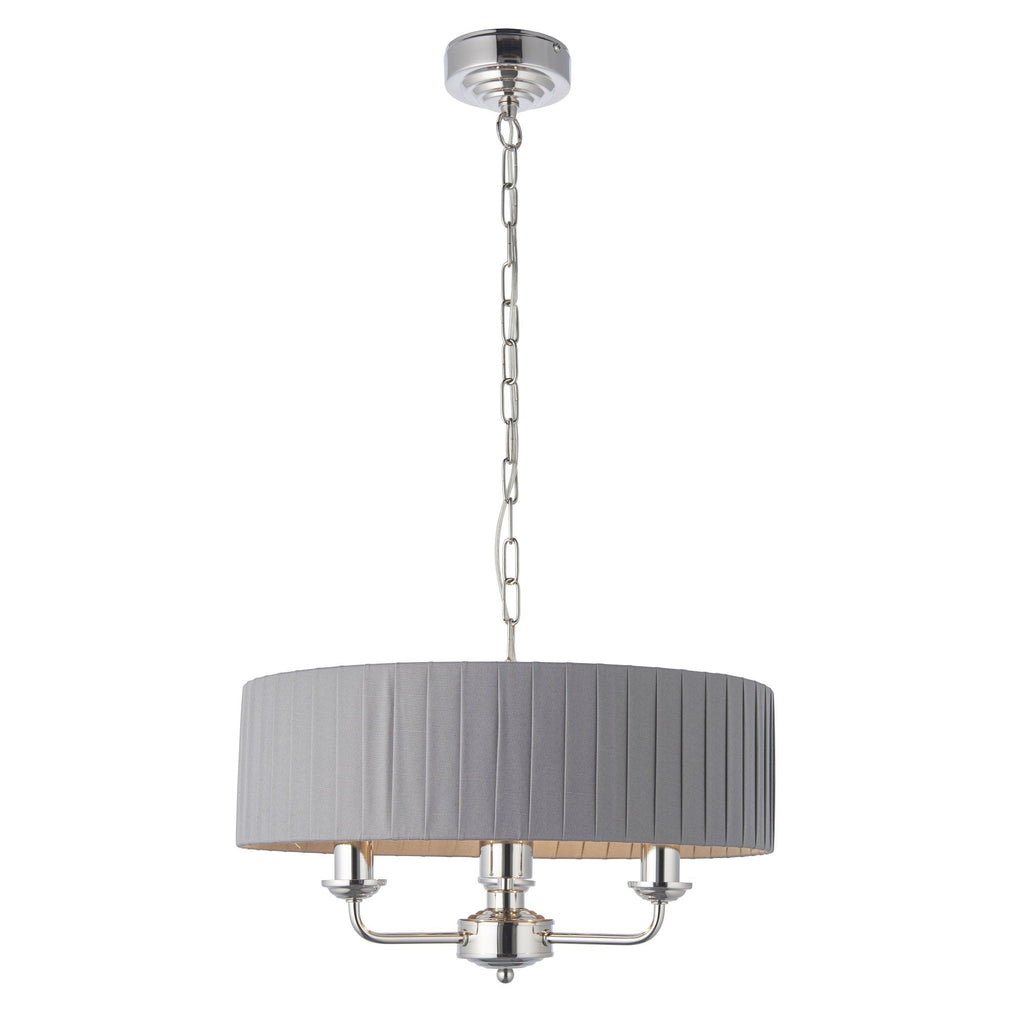 Highclere Classic 3 Light Ceiling Pendant In Bright Nickel And Charcoal Silk Shade 94394