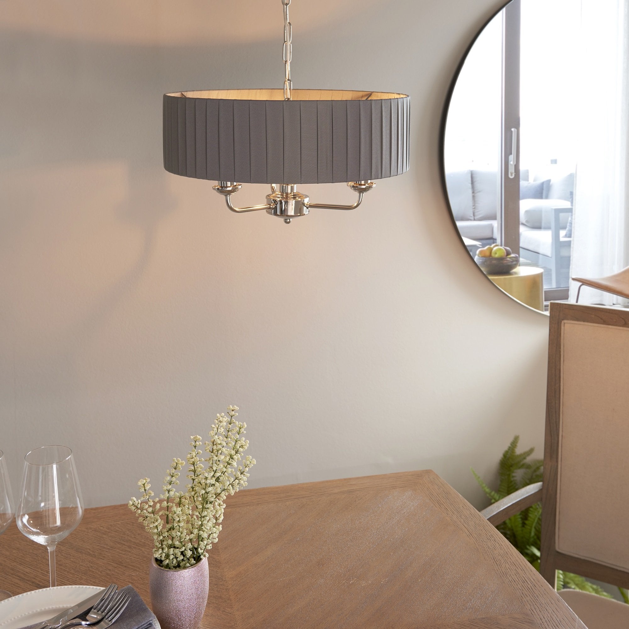 Highclere Classic 3 Light Ceiling Pendant In Bright Nickel And Charcoal Silk Shade 94394