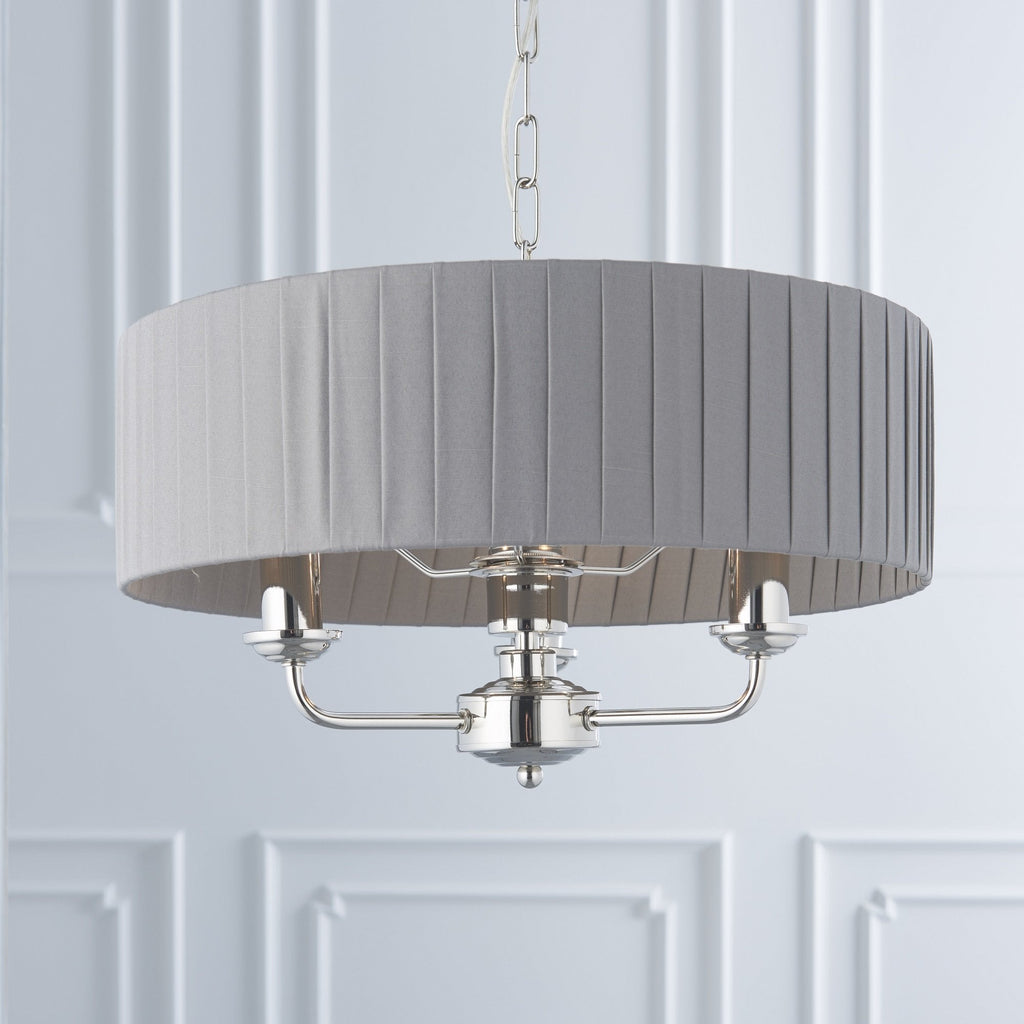 Highclere Classic 3 Light Ceiling Pendant In Bright Nickel And Charcoal Silk Shade 94394