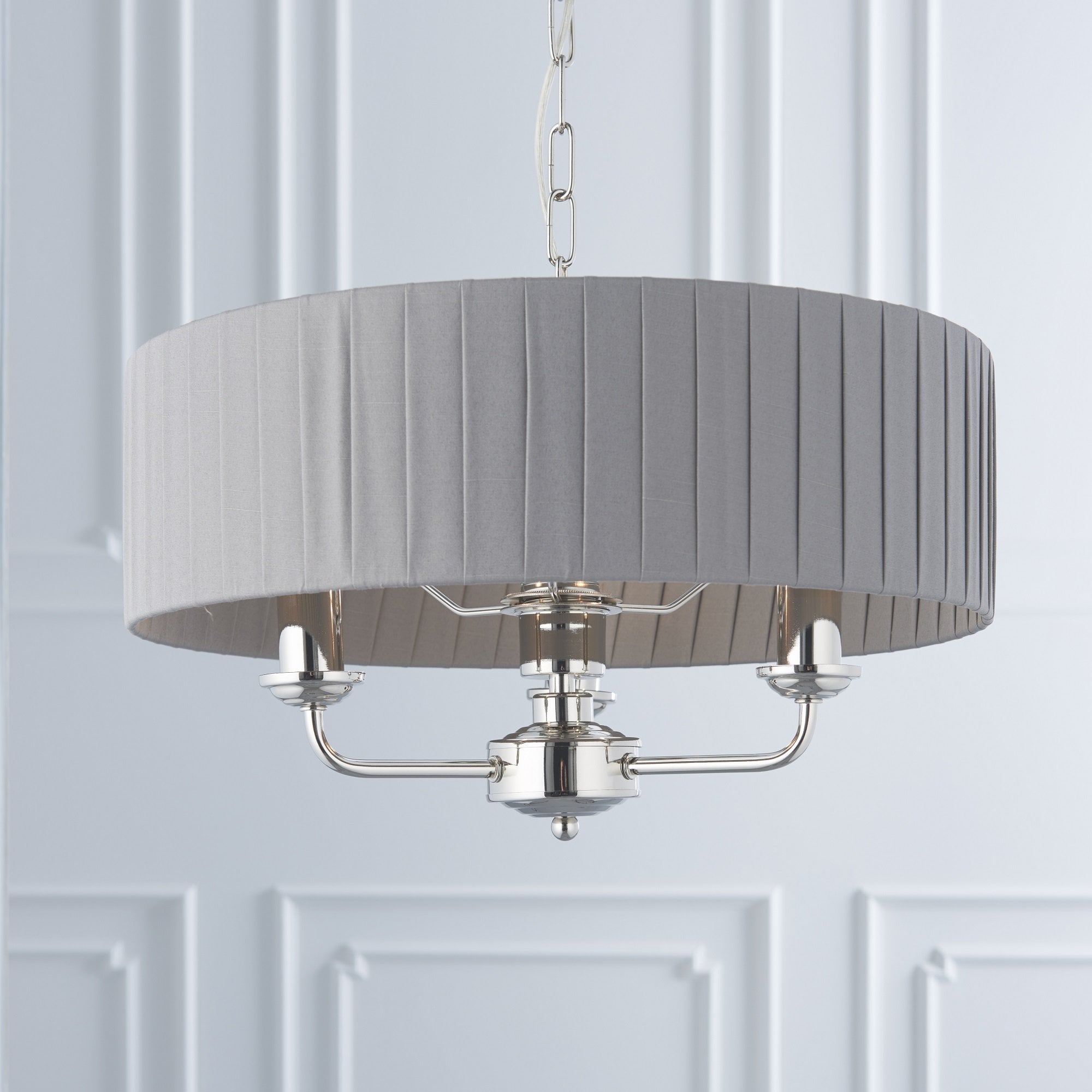 Highclere Classic 3 Light Ceiling Pendant In Bright Nickel And Charcoal Silk Shade 94394