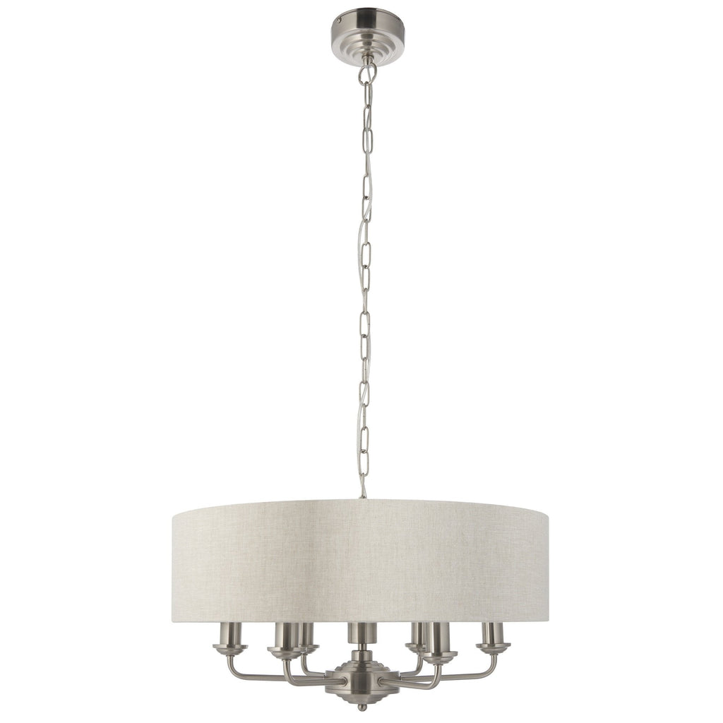 Highclere Classic 6 Light Ceiling Pendant In Brushed Chrome And Natural Shade 94357