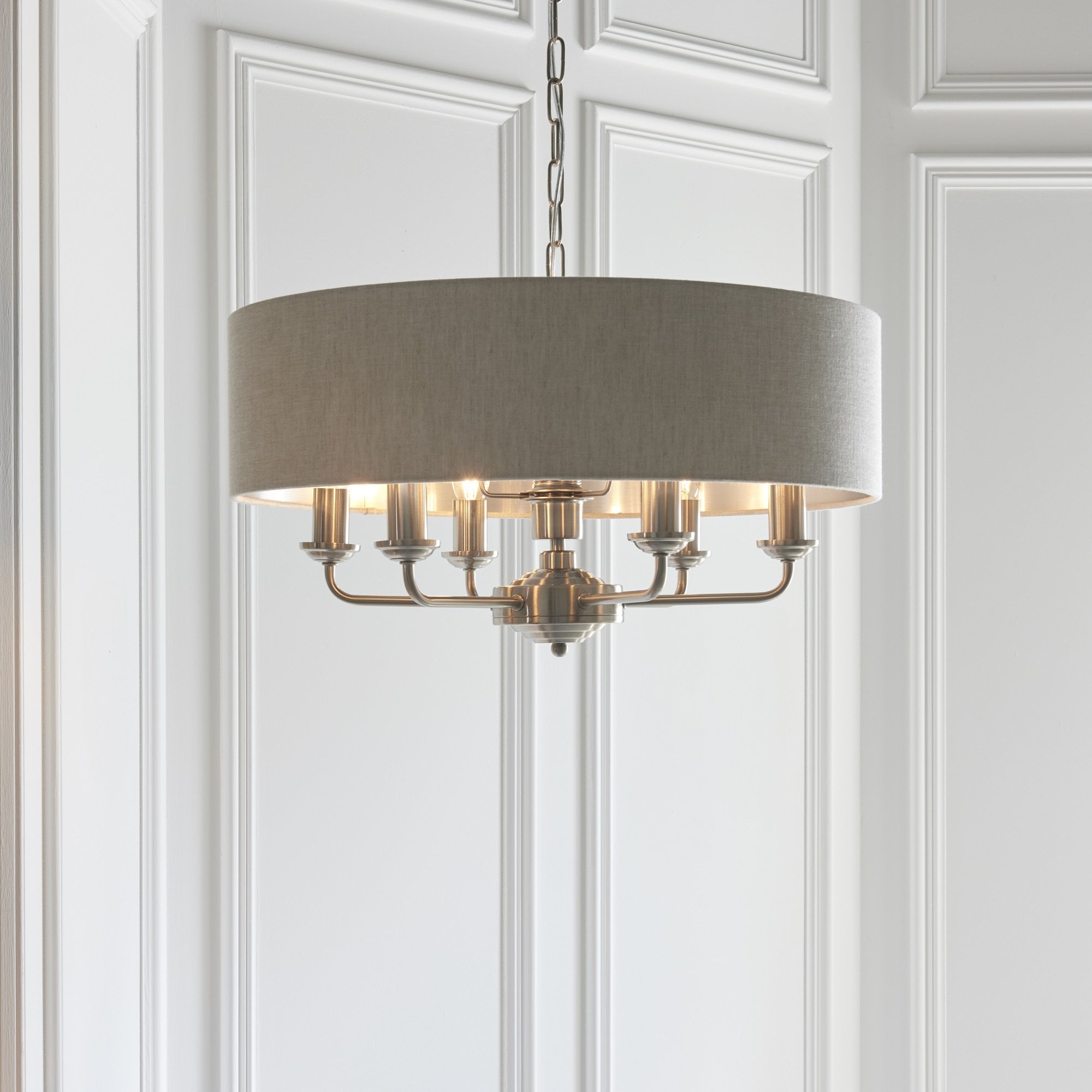 Highclere Classic 6 Light Ceiling Pendant In Brushed Chrome And Natural Shade 94357