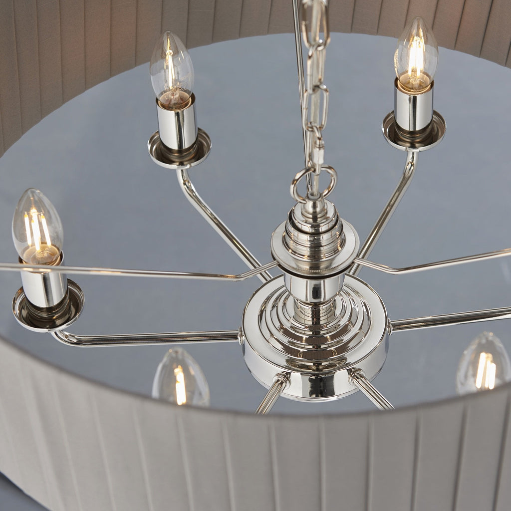 Highclere Classic 6 Light Ceiling Pendant In Bright Nickel And Charcoal Shade 94397
