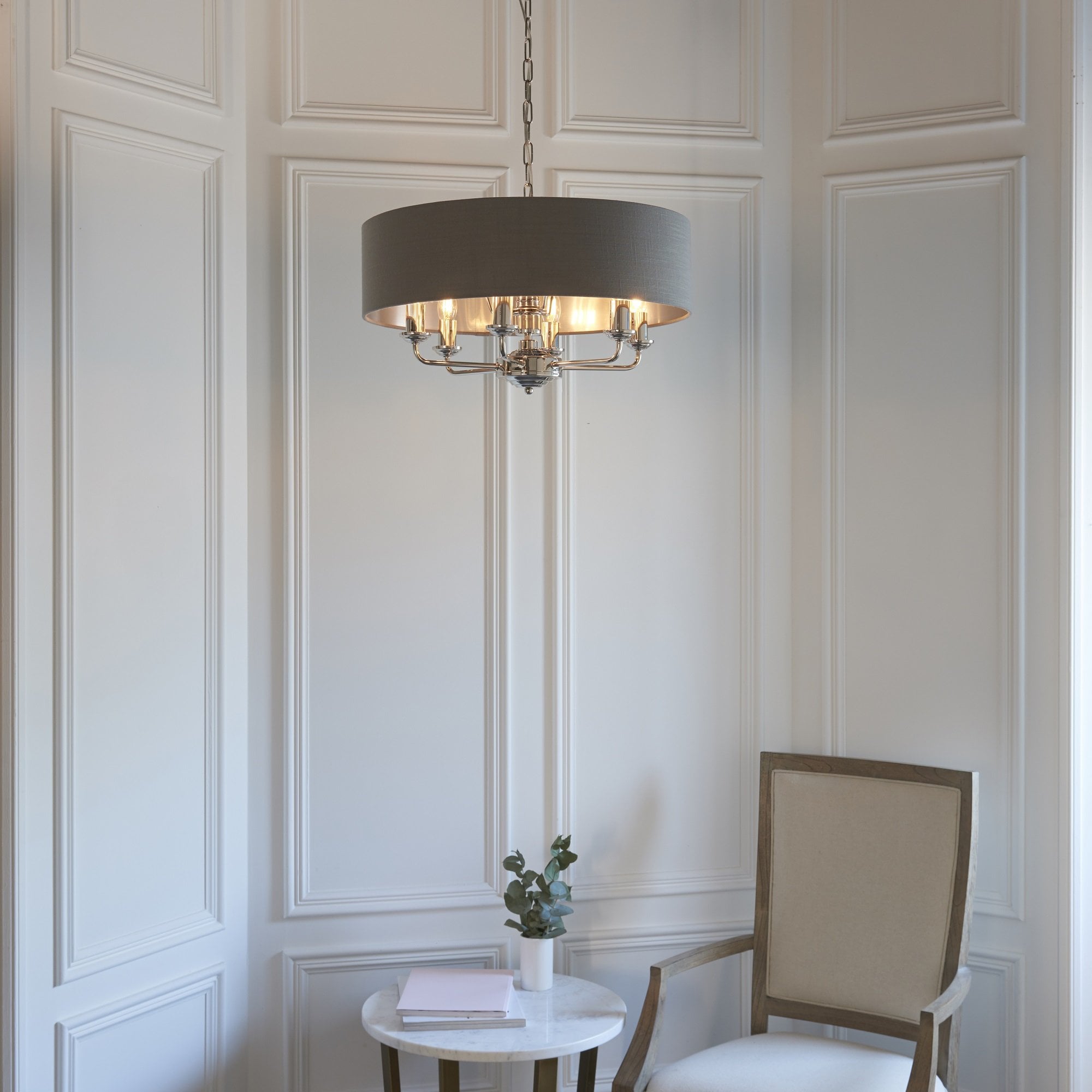 Highclere Classic 8 Light Ceiling Pendant In Bright Nickel And Charcoal Shade 94415