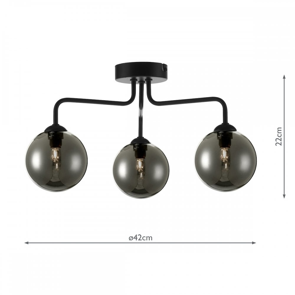 Feya 3 Light Semi Flush Ceiling In Matt Black With Smoked Glass Shades FEY0322-01