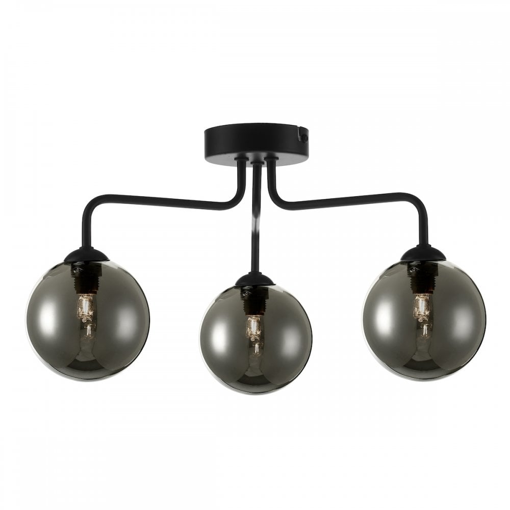 Feya 3 Light Semi Flush Ceiling In Matt Black With Smoked Glass Shades FEY0322-01