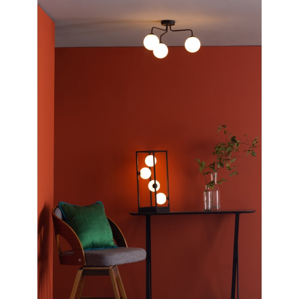Feya 3 Light Semi Flush Ceiling In Matt Black With Opal Glass Shades FEY0322-02