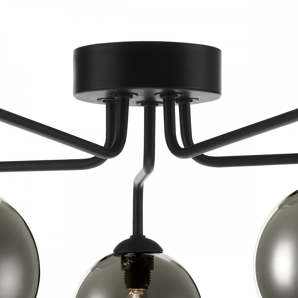 Feya 5 Light Semi Flush Ceiling Light In Matt Black With Smoked Glass FEY0522-01