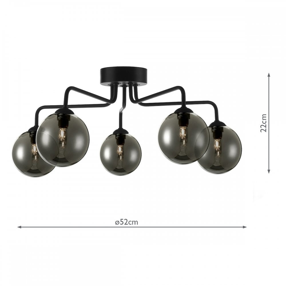 Feya 5 Light Semi Flush Ceiling Light In Matt Black With Smoked Glass FEY0522-01