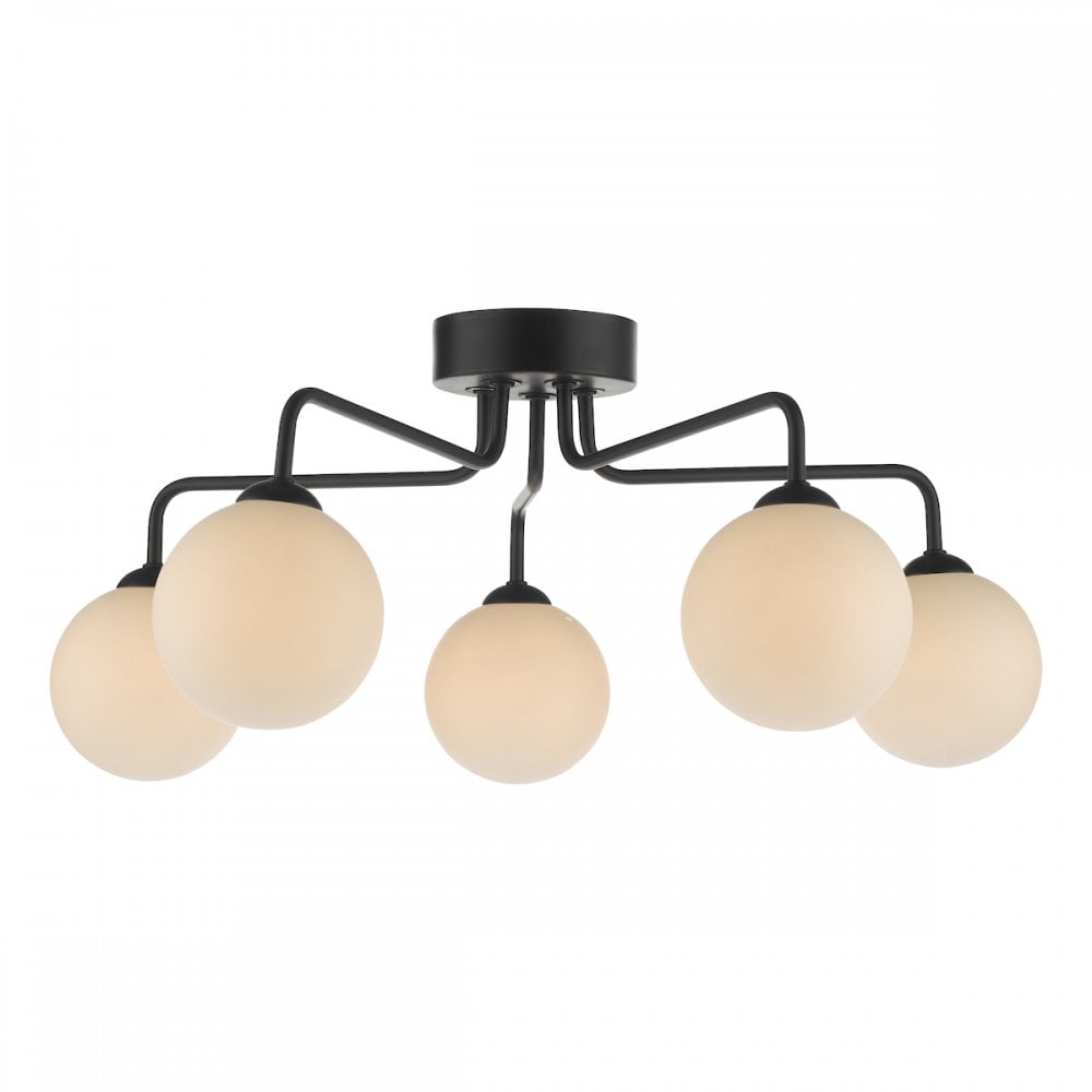 Feya 5 Light Semi Flush Ceiling Light In Matt Black With Opal Glass FEY0522-02