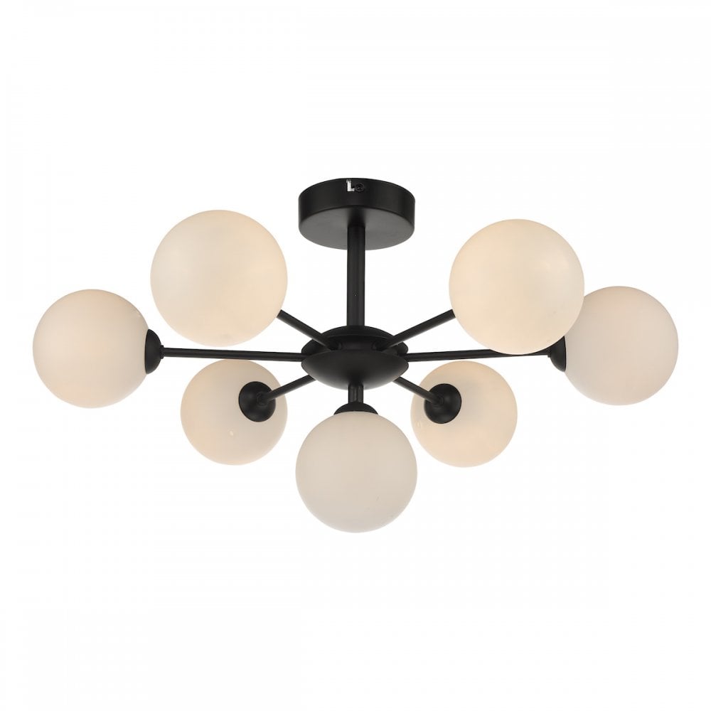 Cohen Modern 7 Light Semi Flush Fitting In Matt Black With Opal Glass Shades COH3422-02