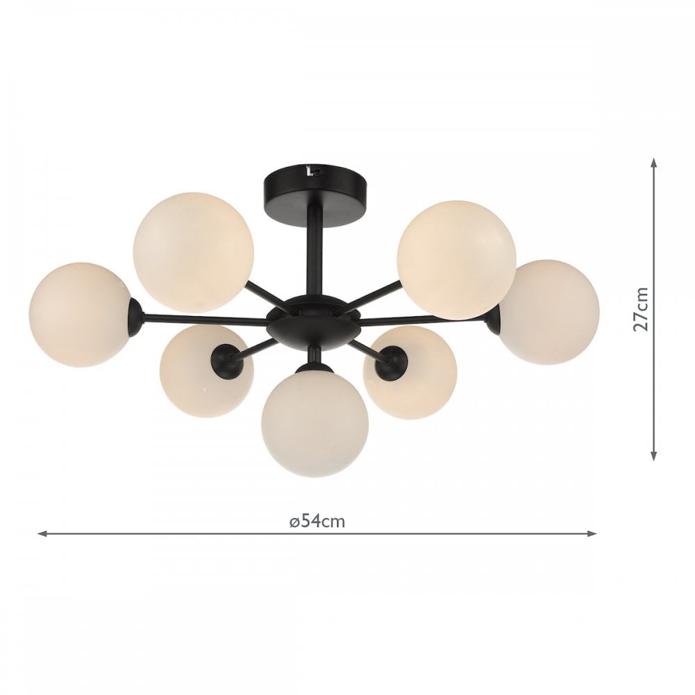 Cohen Modern 7 Light Semi Flush Fitting In Matt Black With Opal Glass Shades COH3422-02