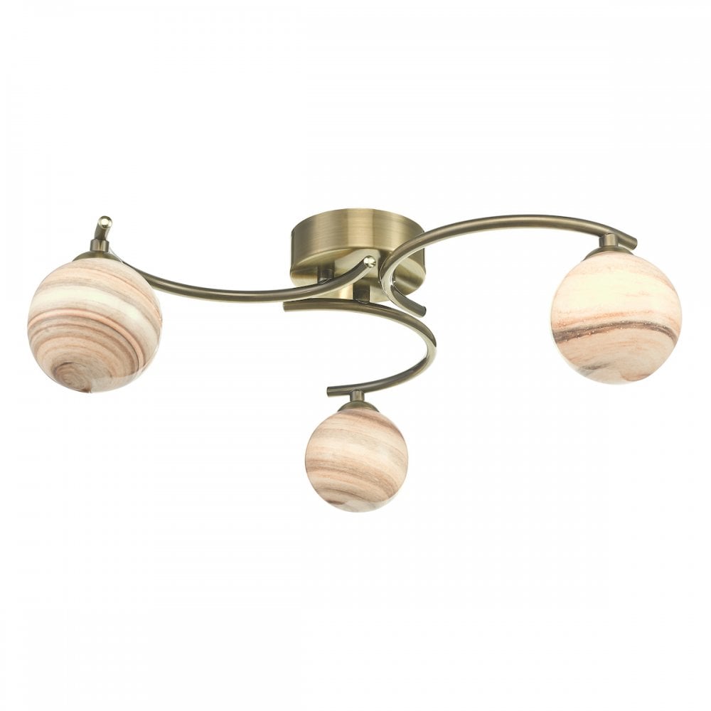 Atiya 3 Light Semi Flush Fitting In Antique Brass With Planet Glass Shade ATI5375-07