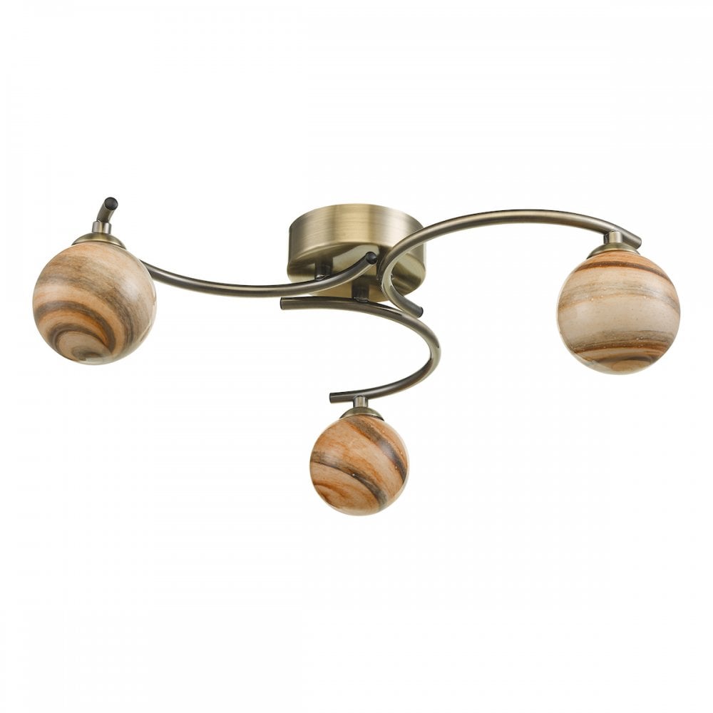 Atiya 3 Light Semi Flush Fitting In Antique Brass With Planet Glass Shade ATI5375-07