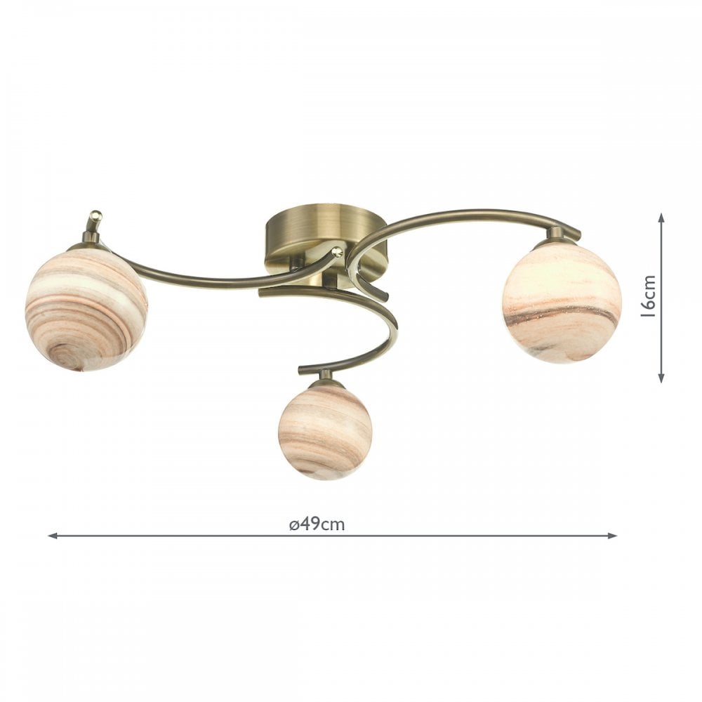 Atiya 3 Light Semi Flush Fitting In Antique Brass With Planet Glass Shade ATI5375-07