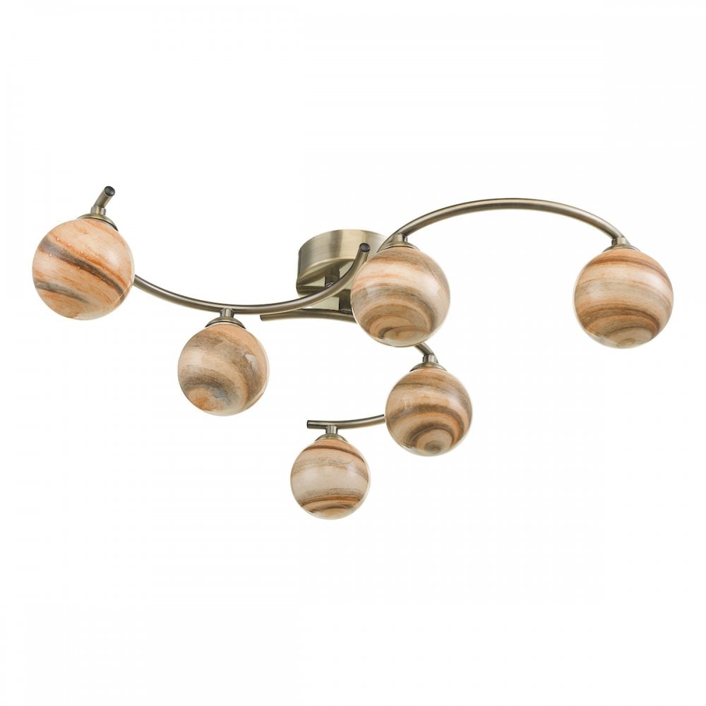 Atiya 6 Light Semi Flush Fitting In Antique Brass With Planet Glass Shade ATI6475-07