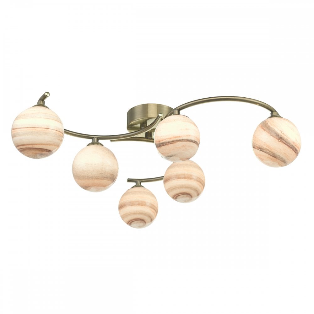 Atiya 6 Light Semi Flush Fitting In Antique Brass With Planet Glass Shade ATI6475-07
