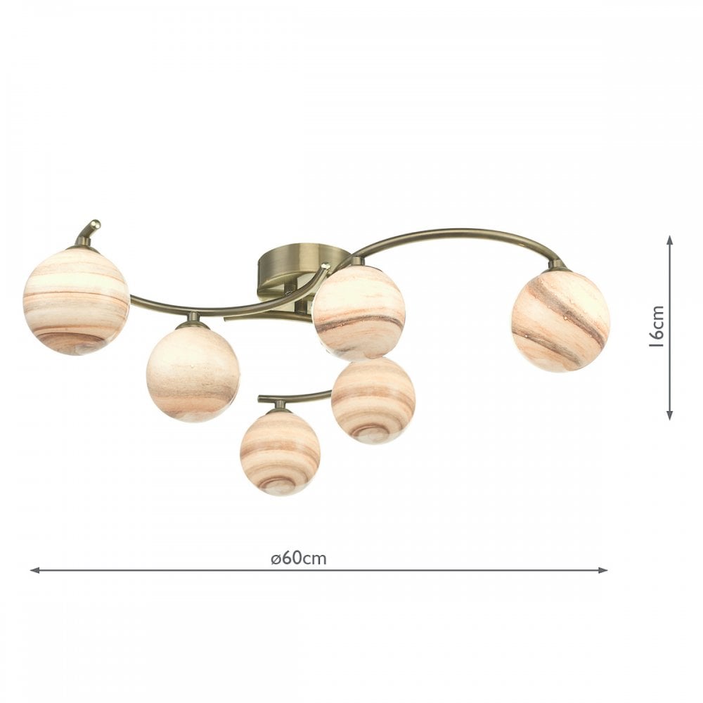 Atiya 6 Light Semi Flush Fitting In Antique Brass With Planet Glass Shade ATI6475-07