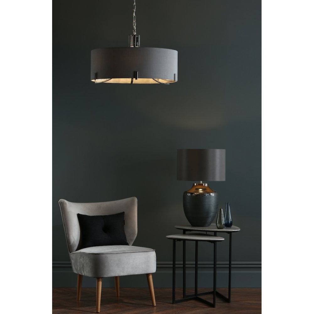 Veyron Stunning 6 Light Ceiling Pendant In Nickel Finish With Silk Grey Shade VEY0639