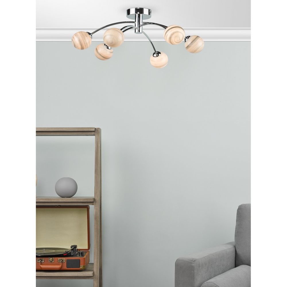 Izzy Stylish 6 Light Semi Flush Light In Chrome Finish With Planet Shades IZZ0650-07