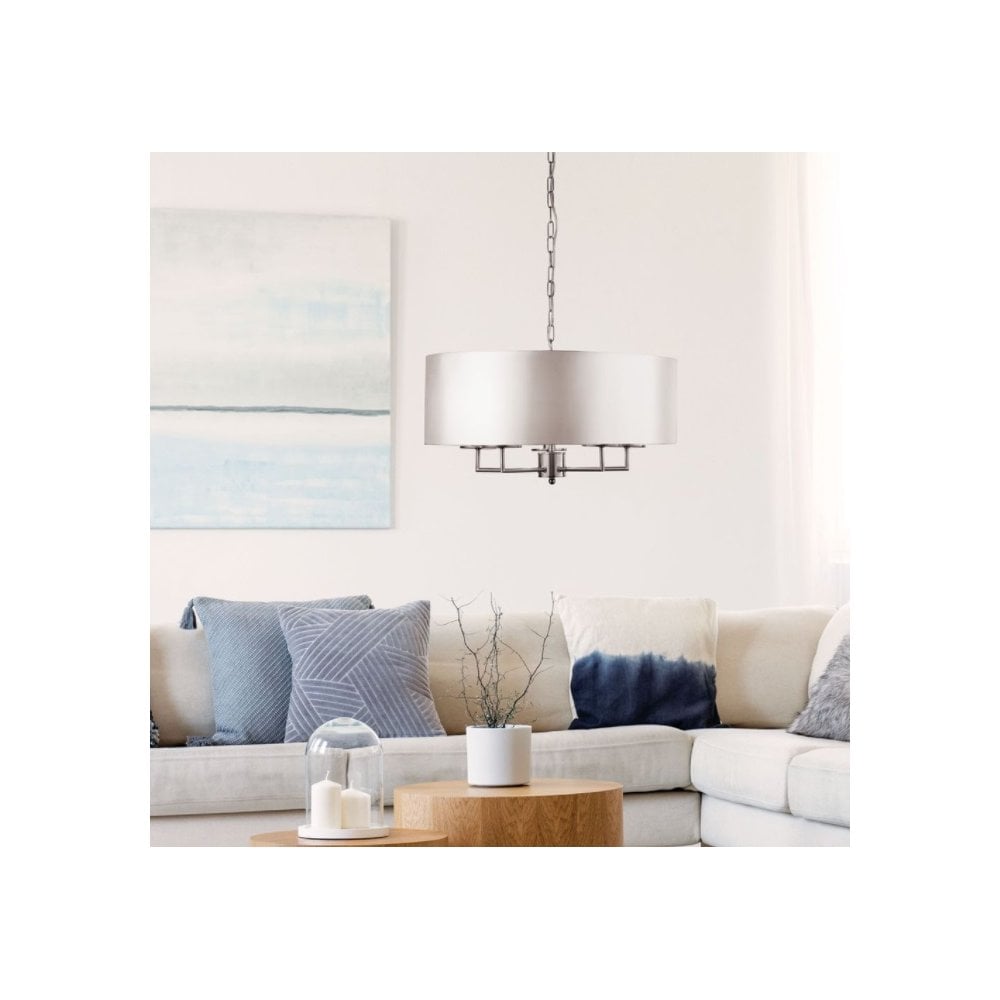 Knightsbridge Modern Ceiling Pendant Light In Satin Silver Finish With Silk Shade