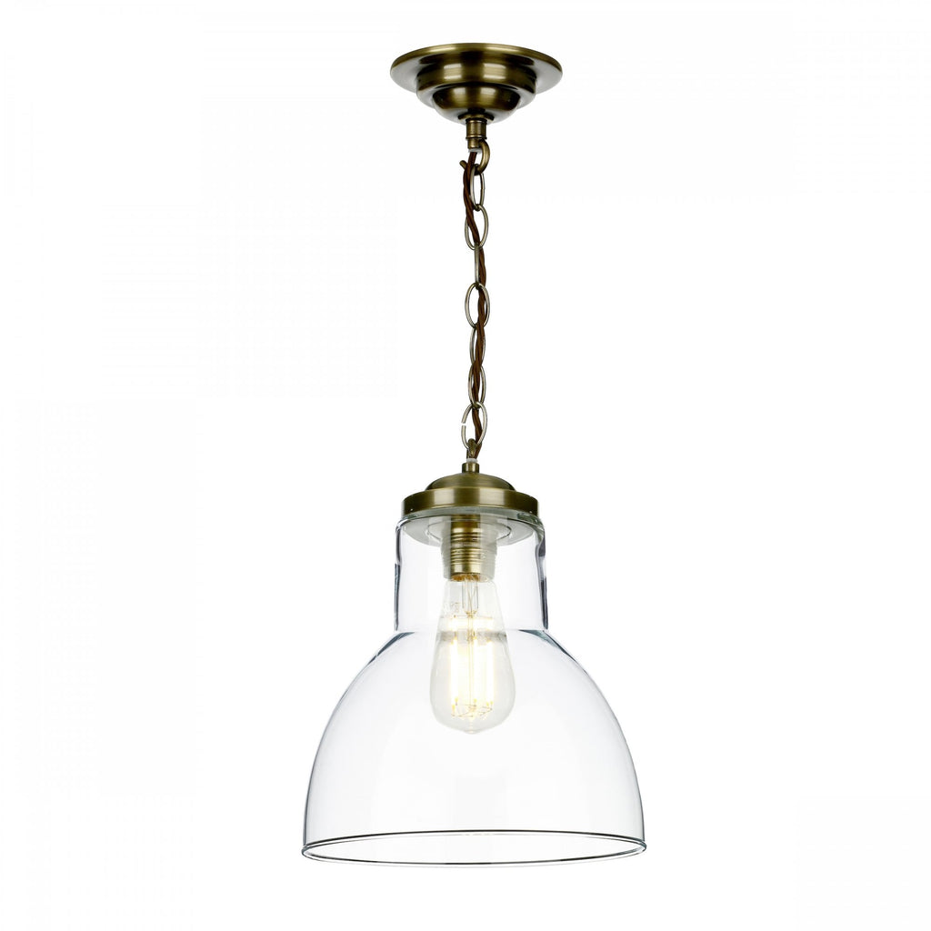 Upton Single Small Ceiling Pendant Light In Antique Brass With Glass Shade UPT0175