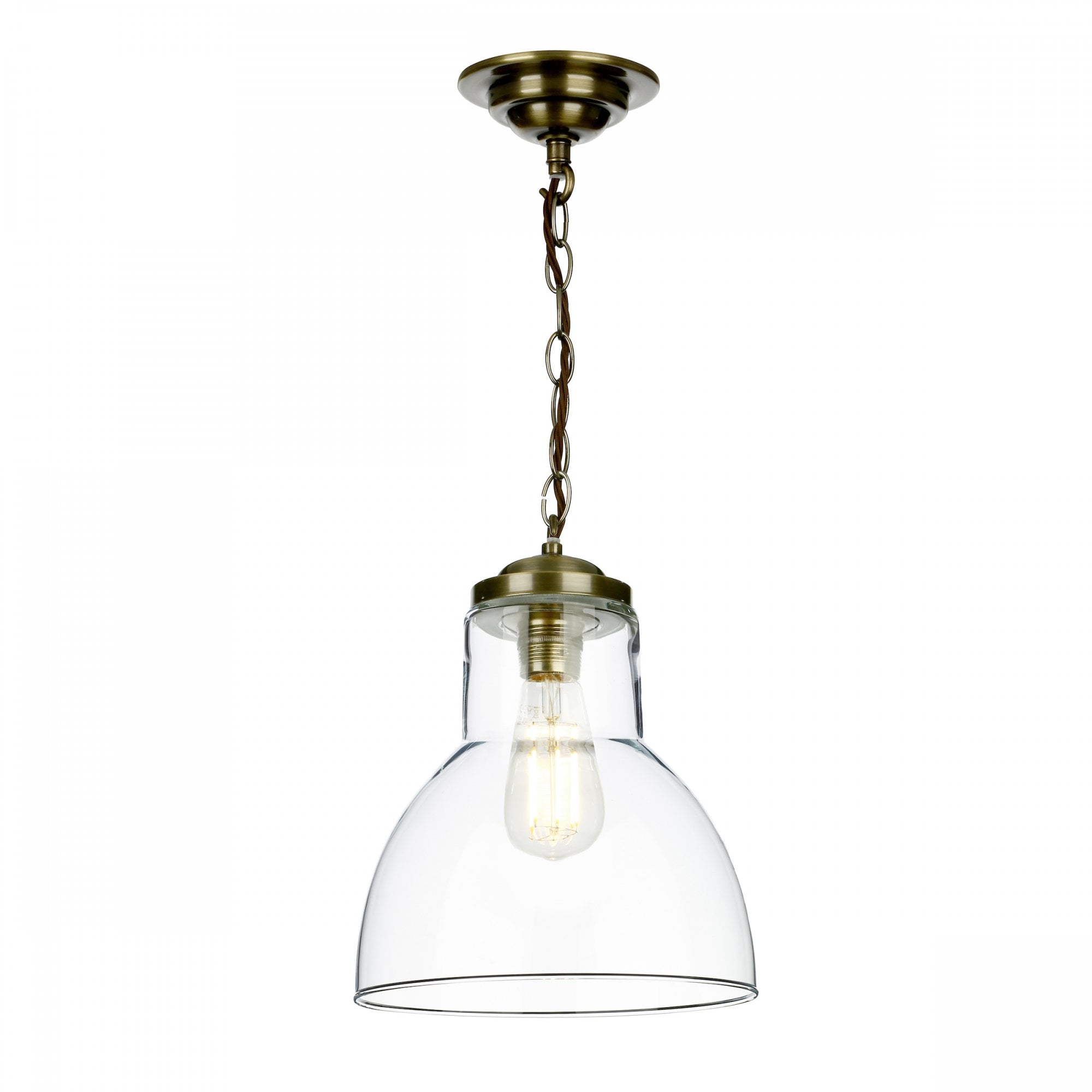 Upton Single Small Ceiling Pendant Light In Antique Brass With Glass Shade UPT0175