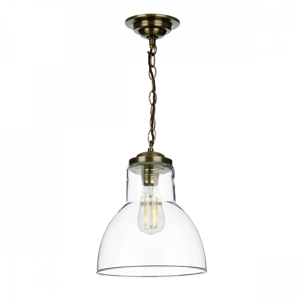 Upton Single Small Ceiling Pendant Light In Antique Brass With Glass Shade UPT0175