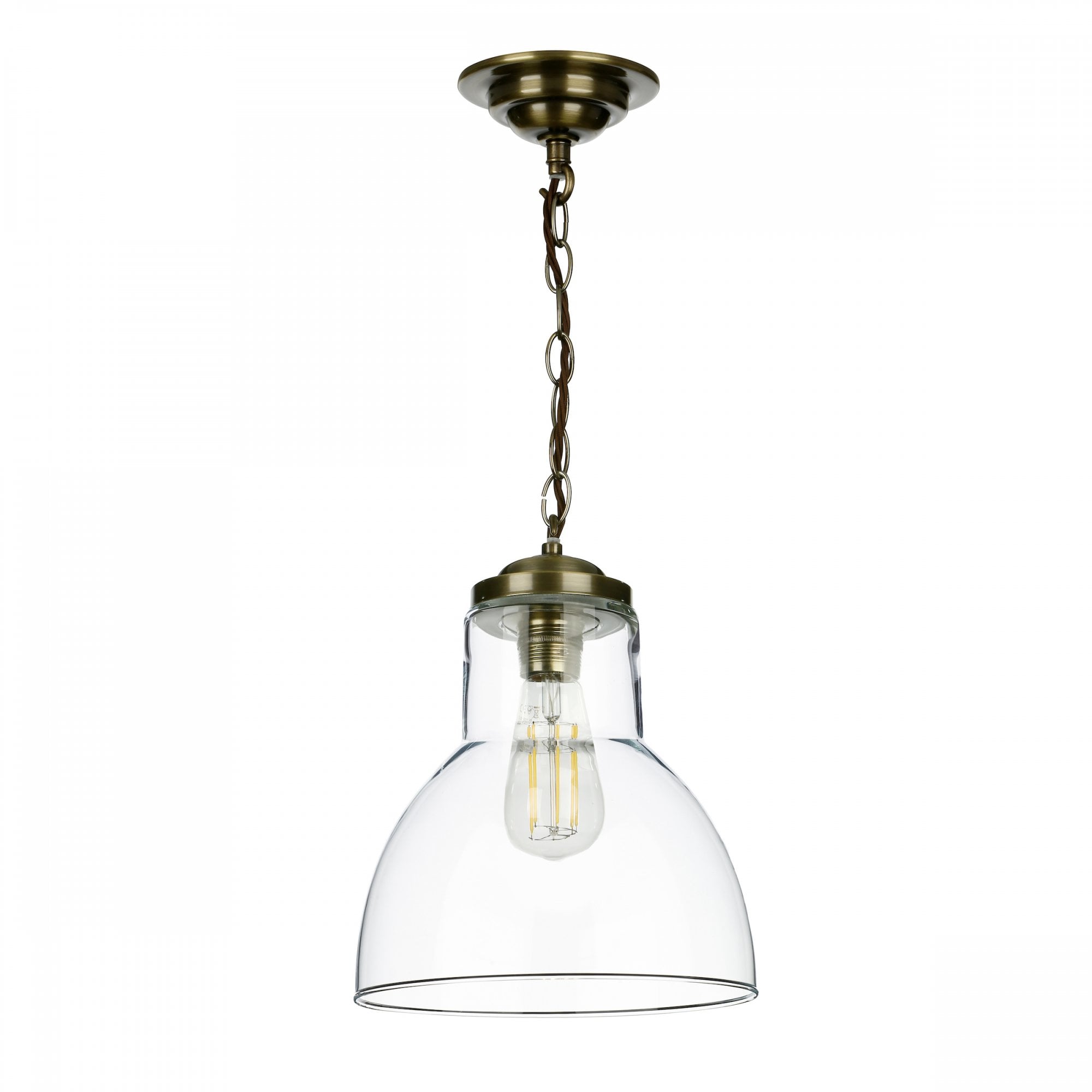 Upton Single Small Ceiling Pendant Light In Antique Brass With Glass Shade UPT0175
