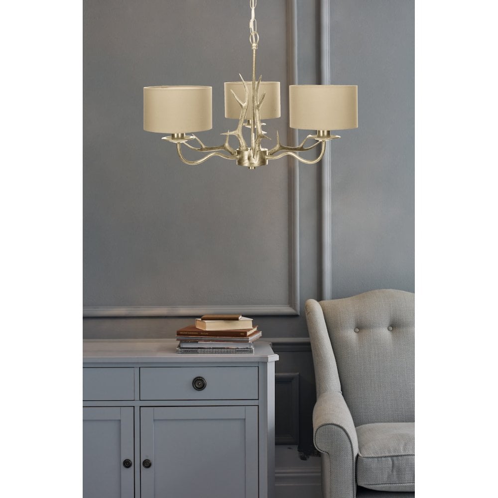 Mulroy 3 Light Ceiling Chandelier In Cream Gold With Natural Shades LA3713736-Q
