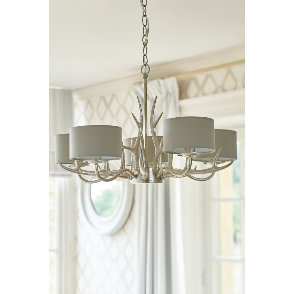 Mulroy 5 Light Ceiling Antler Chandelier In Cream Gold With Natural Shades LA3677580-Q
