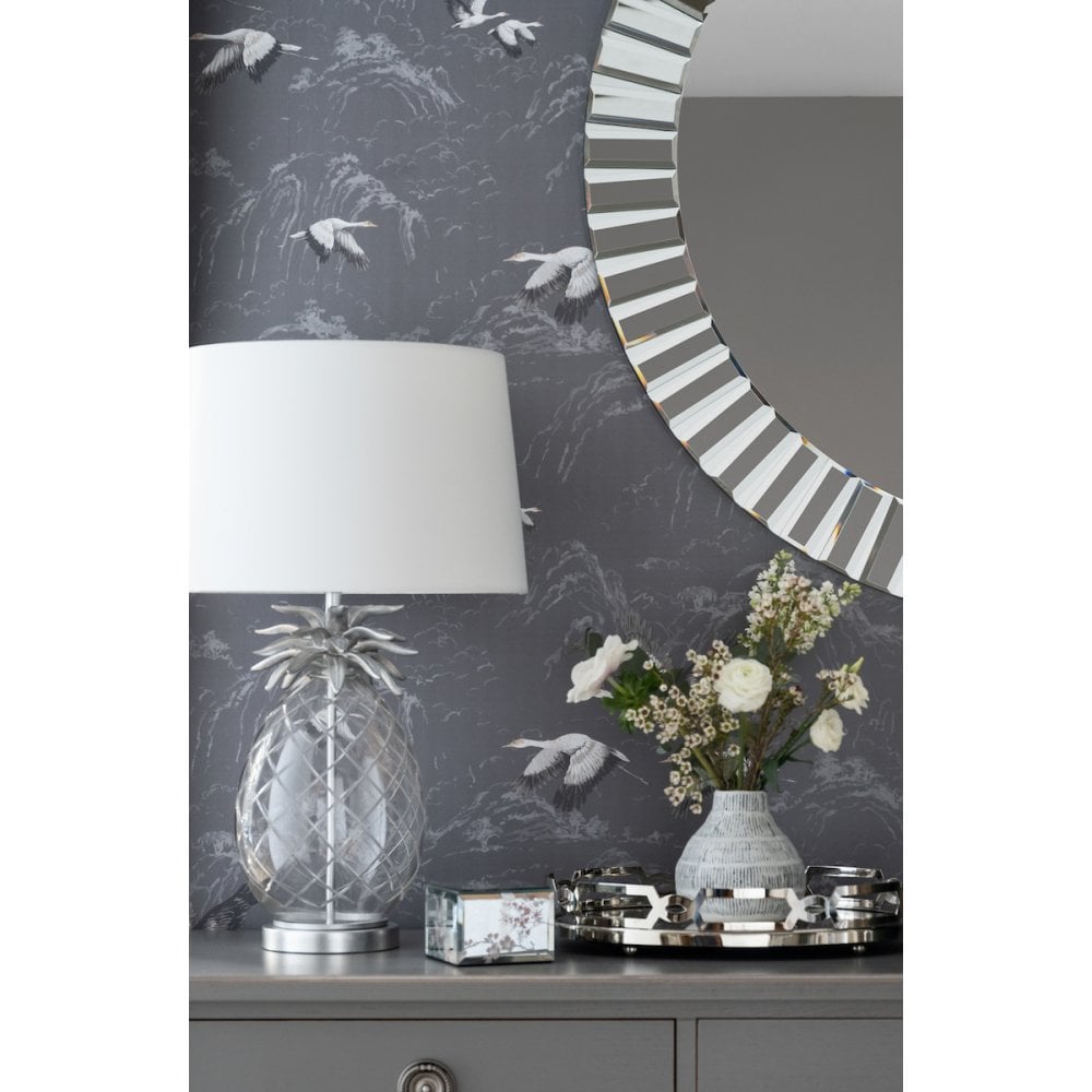 Pineapple Clear Cut Glass Table Lamp In Brushed Chrome With Cotton Shade LA3734611-Q