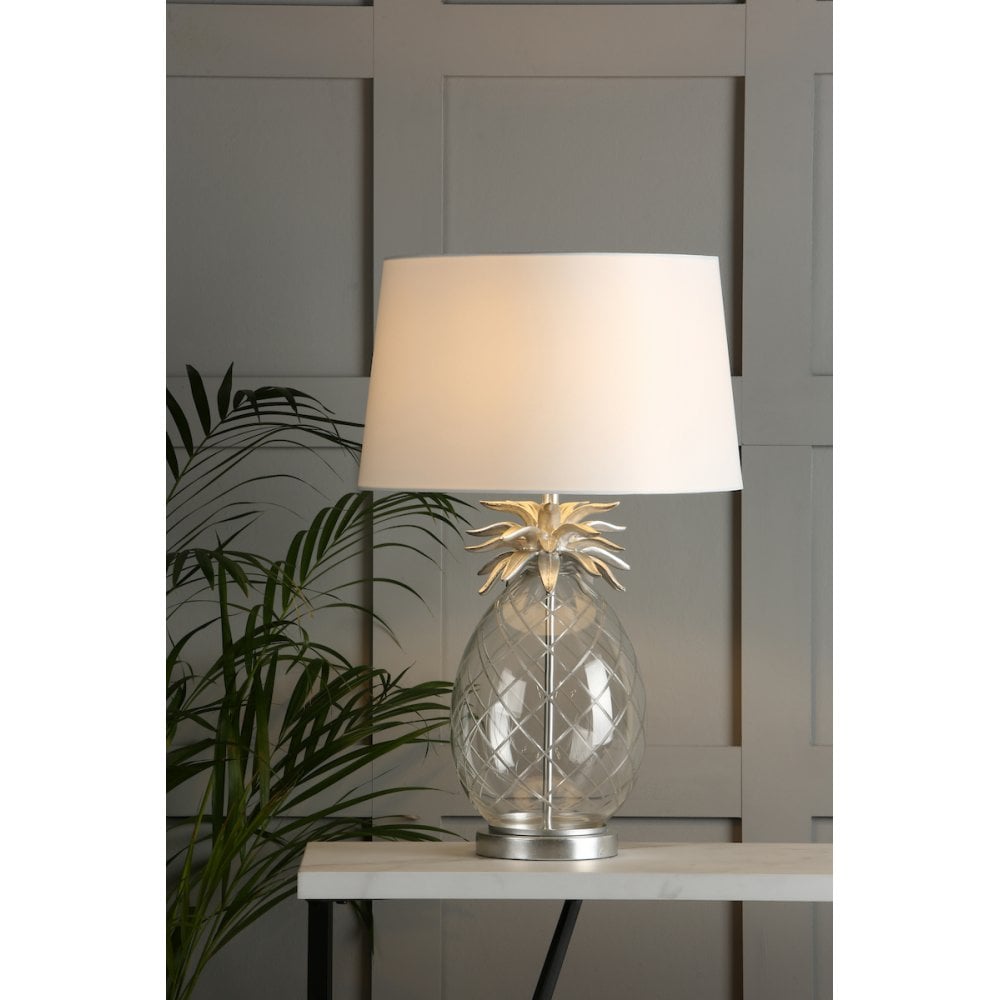 Pineapple Clear Cut Glass Table Lamp In Brushed Chrome With Cotton Shade LA3734611-Q