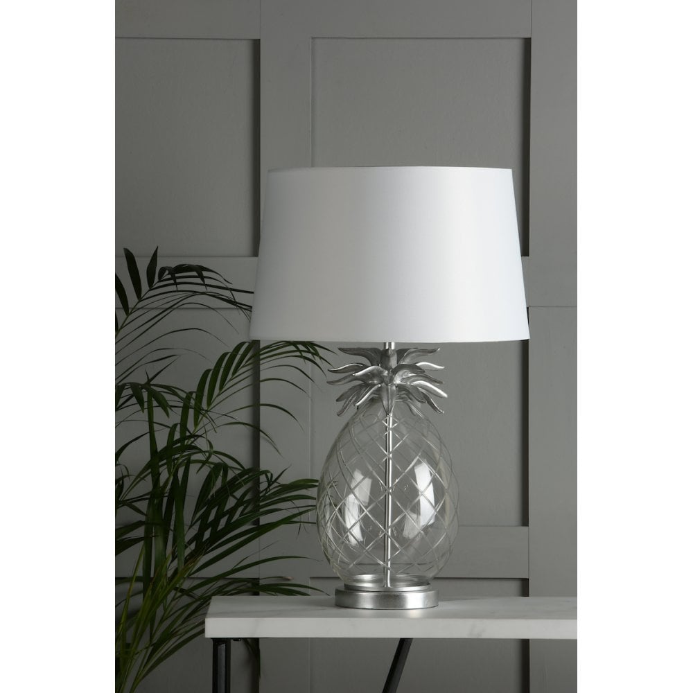 Pineapple Clear Cut Glass Table Lamp In Brushed Chrome With Cotton Shade LA3734611-Q
