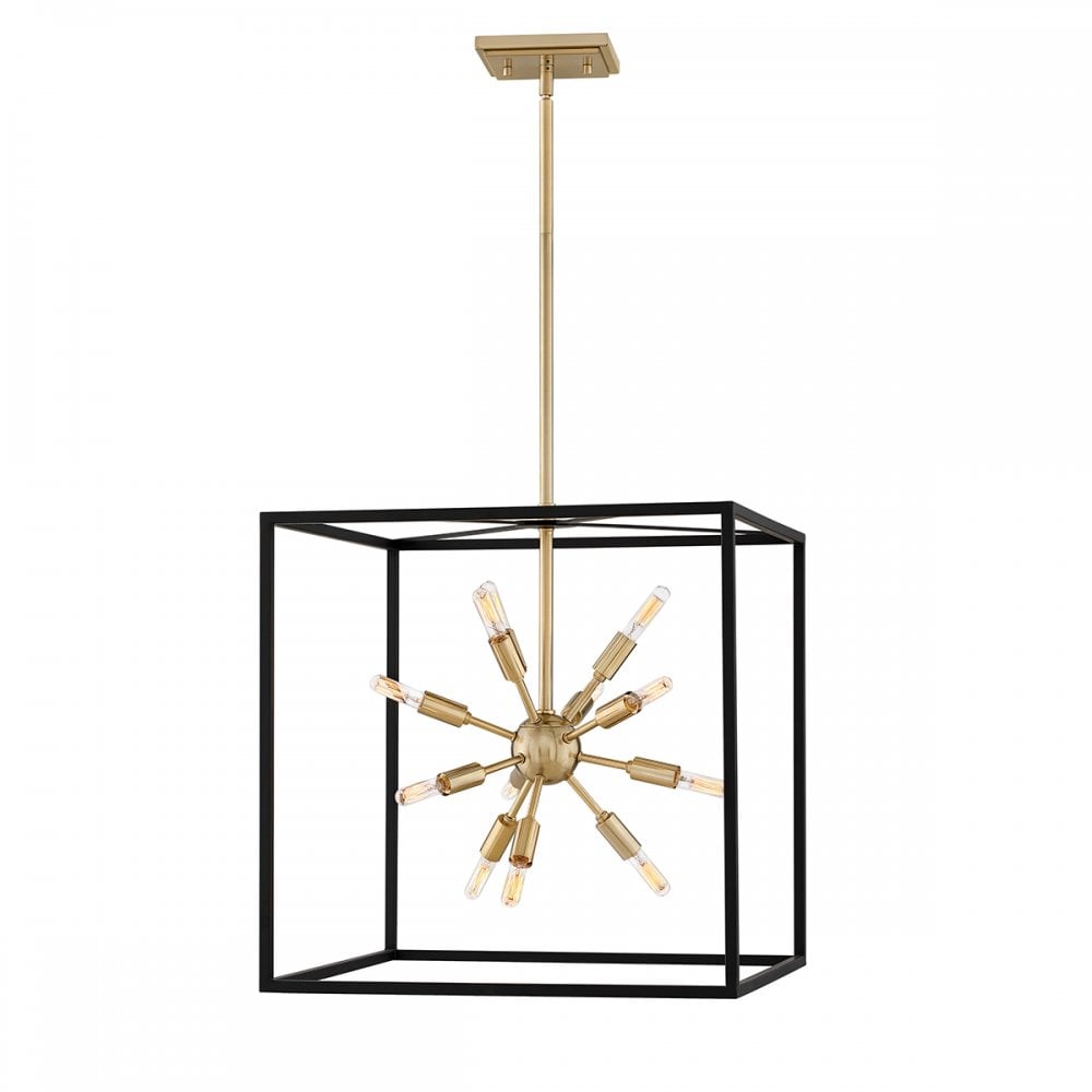 Aros 12 Light Starburst Cluster Ceiling Pendant Light In Black And Warm Brass QN-AROS-12P