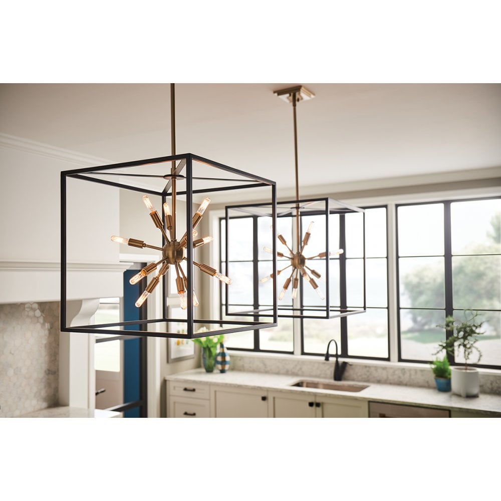 Aros 12 Light Starburst Cluster Ceiling Pendant Light In Black And Warm Brass QN-AROS-12P